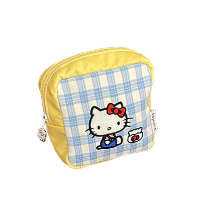 奶黄格子化妆包小型外出便携包可爱卡通出门卫生巾收纳包杂物小包