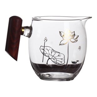 玻璃公道杯木柄荷花印花茶具透明分茶器功夫茶泡茶壶配件