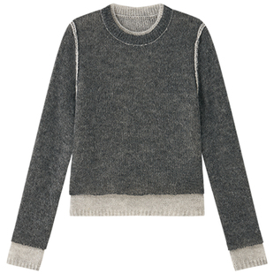 Halo Luu马海毛慵懒灰色毛衣女秋冬内搭宽松上衣假两件打底针织衫