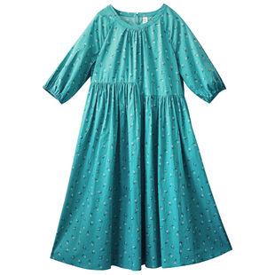 现货【怡然自得】圆领高腰连衣裙女春夏新款纯棉碎花短袖A字长裙