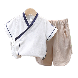 汉服男童唐装宝宝古装棉麻两件套夏季儿童六一表演出服短袖套装潮
