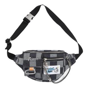 GENANX闪电潮牌牛仔斜挎腰包潮格纹可拆挂饰多口袋可调节男士包带