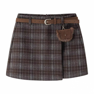 学院风复古格纹毛呢A字半身裙女秋冬大码高腰显瘦不规则格子短裙