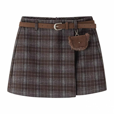 格纹毛呢短裙一片式显瘦A字裙