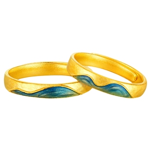 金至尊青绿江山黄金戒指男女情侣款指环对戒足金999戒指礼物