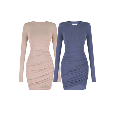 XULU原创秋季纯色人棉性感包臀裙休闲修身褶皱高腰长袖圆领连衣裙