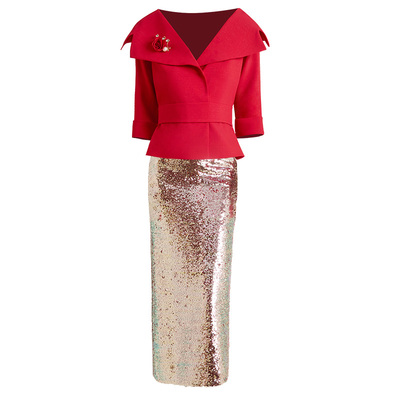 高端轻奢高级感两件套红色礼服