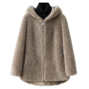 羊剪绒大衣女2025冬新中长款宽松显瘦连帽海宁羔羊毛颗粒皮草外套