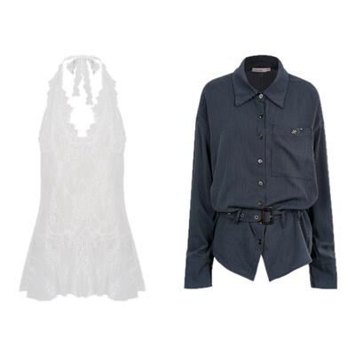 腰带条纹衬衫蕾丝打底背心套装