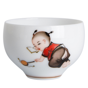 千红窑釉下五彩黄松饶老师工笔手工手绘童子茶具主人杯品茗杯