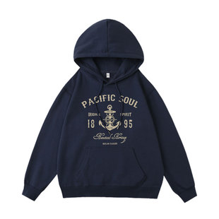 赵露思同款美式复古藏青色连帽卫衣女2025秋冬慵懒风情侣外套上衣