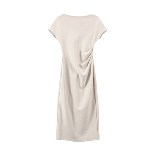 愉悦愉悦气质短袖一字肩连衣裙女夏季法式收腰性感不规则斜肩长裙