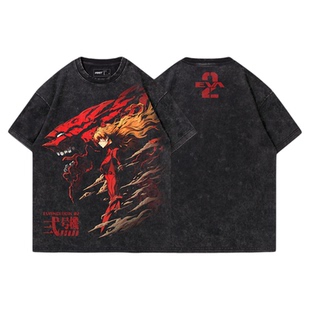 TEE7-日系动漫EVA明日香二号机勇气新生水洗做旧复古纯棉短袖T恤