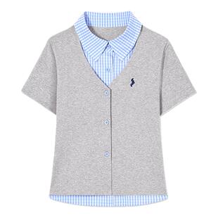 PSO Brand女装假两件美式学院风刺绣小狗衬衫针织上衣外搭开衫潮