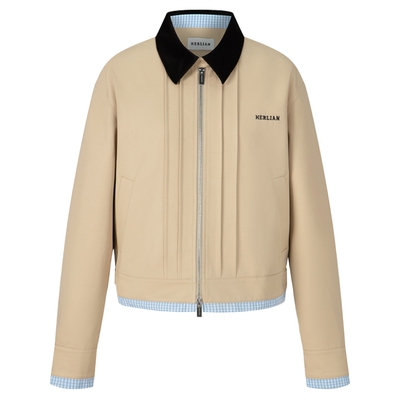 格纹拼接撞色翻领工装夹克外套