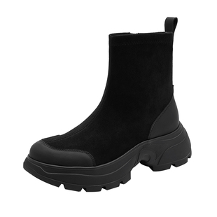 哈森/HARSON【海豚岛】25冬新款休闲瘦瘦靴弹力袜靴厚底短靴女