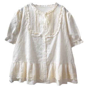 日系软妹重工刺绣衬衫女夏森系蕾丝钩花ins风荷叶边拼接纯棉上衣