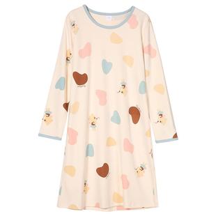 耶蒂长袖睡裙女款纯棉清新可爱宽松春秋家居服针织全棉秋冬款睡衣