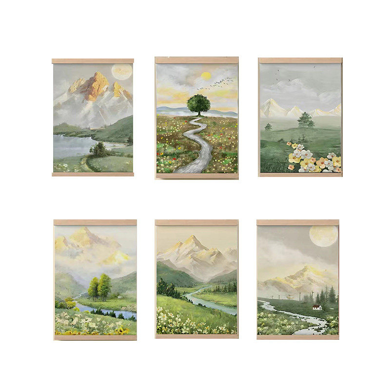 简约治愈绿水青山油画卷轴挂画