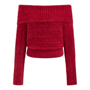 【明星同款】CIDER新年穿搭针织露肩一字肩红色毛衣上衣115003553