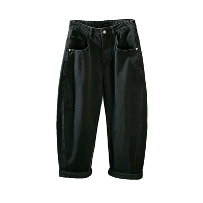 纯黑色弯刀牛仔裤男阔腿宽松长裤