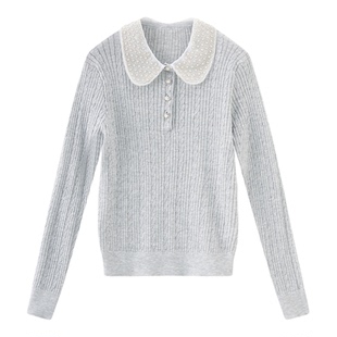 秋季新款高级感时尚减龄娃娃领钉珠羊毛混纺针织上衣长袖针织衫女