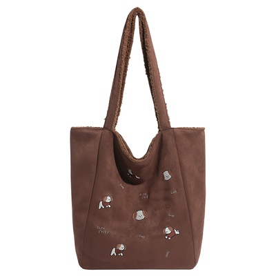 羊羔毛刺绣单肩通勤包斜挎托特包