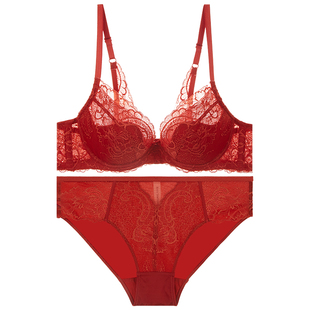 夏娃的诱惑本命年内衣女高级焦糖红色文胸内裤套装薄款上托防下垂