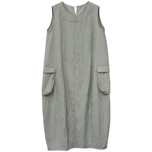 一三良品小个子 洋气复古日系工装风口袋宽松连衣裙无袖背心裙夏