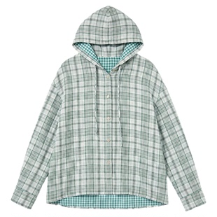 【一方服饰】夏季新款连帽宽松双层色织格纹衬衫荃棉帽衫长袖衬衣