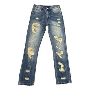 夏季潮牌高腰显瘦破洞牛仔裤男款潮流宽松直筒乞丐裤痞帅长裤子男