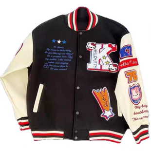春秋美式KT猫刺绣男女夹克拼皮棒球服宽松情侣装嘻哈重工潮流外套