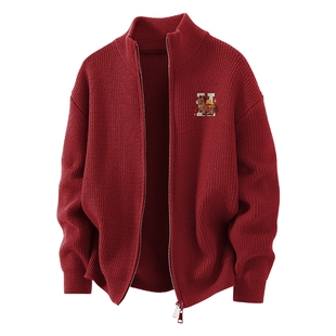 回力男士针织毛衣秋冬新款红色本命年新年开衫男生马年上衣外套A