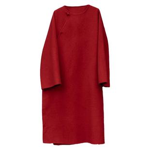 新中式中国红双面羊绒斜襟长款外套女 羊毛宽松保暖长呢大衣