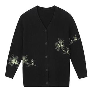 【断码清仓】末未MIIWII23冬黑色提黄绿花厚针织开衫X234508女士
