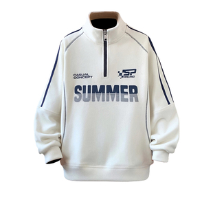 秋冬季新款青少年加绒加厚半拉链卫衣字母印花设计保暖百搭打底衫