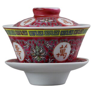 景德镇老厂货陶瓷茶具80年代釉上彩手绘粉彩红万寿无疆三才盖碗