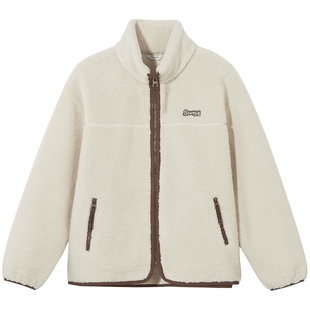 热风女士夹克外套上衣仿羊羔毛外套2025年冬季新款立领拉链内搭