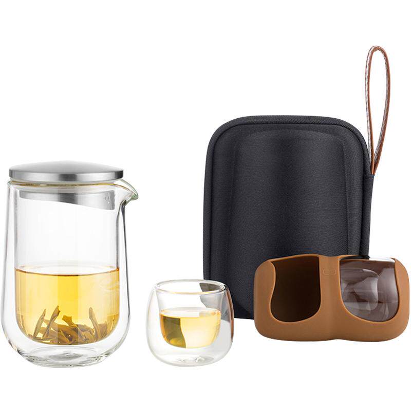 尚明双层玻璃旅行茶具一壶两杯