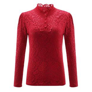 半高领蕾丝打底衫女加绒加厚秋冬洋气小衫修身内搭可外穿保暖上衣