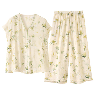 睡衣女夏款天丝棉麻短袖薄款夏天中年妈妈纱布凉感大码夏季家居服