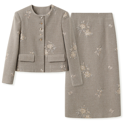 新中式短款纽扣外套亮片半裙套装