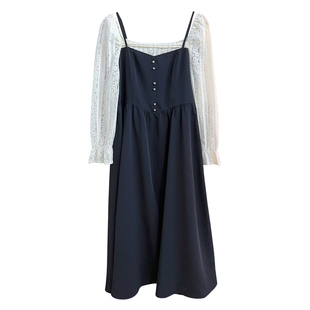 现货【自制款】假两件大码胖mm法式温柔蕾丝拼接中长款显瘦连衣裙