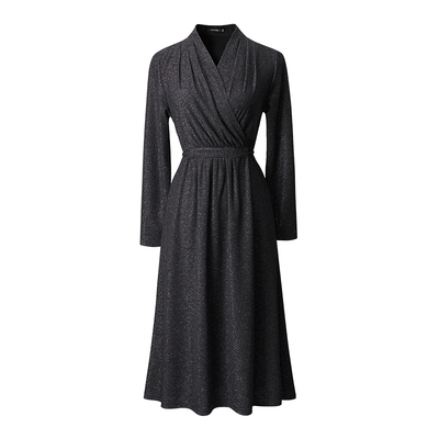 新款冬季高级感收腰长袖黑色长裙