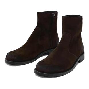 西班牙MD秋冬新款棕色复古真皮简约大圆头平底低跟裸靴切尔西短靴