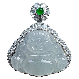 翡翠林 缅甸天然冰种白月光翡翠佛公老坑正品A货笑佛玉吊坠S925银