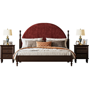 法式复古床胡桃色主卧床美式床实木床中古高端大气1米8双人新月床