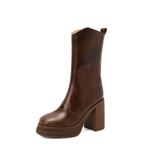 秋冬中筒靴10cm真皮高跟马丁靴女粗跟厚底英伦方头棕色复古骑士靴