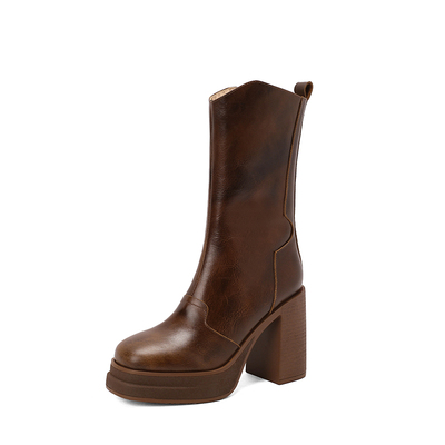 秋冬中筒靴10cm真皮高跟马丁靴女粗跟厚底英伦方头棕色复古骑士靴