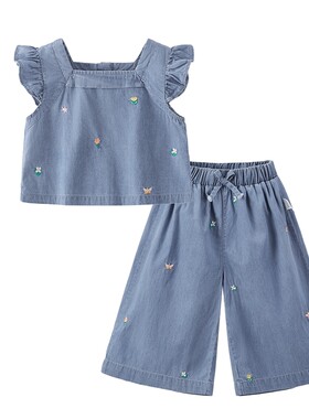 [7A抗菌]女童牛仔套装夏季宝宝纯棉夏装大童洋气两件套儿童衣服夏